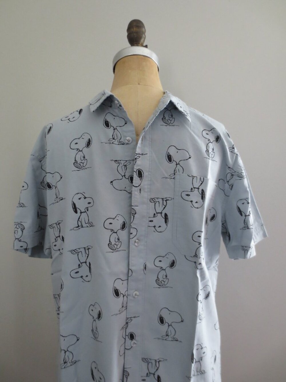 Snoopy Button Front Blue Cotton Short Sleeve Unisex Shirt